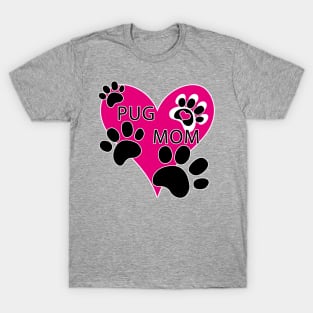 Pug Mom Big Pink Heart Dog Paw Prints T-Shirt